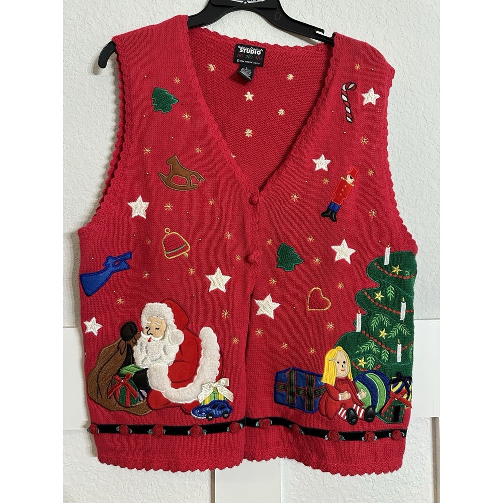 Designers Originals Vest Women L Red Studio Joy Granny Ugly Christmas Sweater